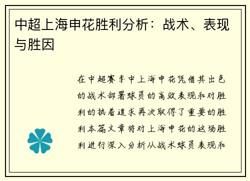 中超上海申花胜利分析：战术、表现与胜因